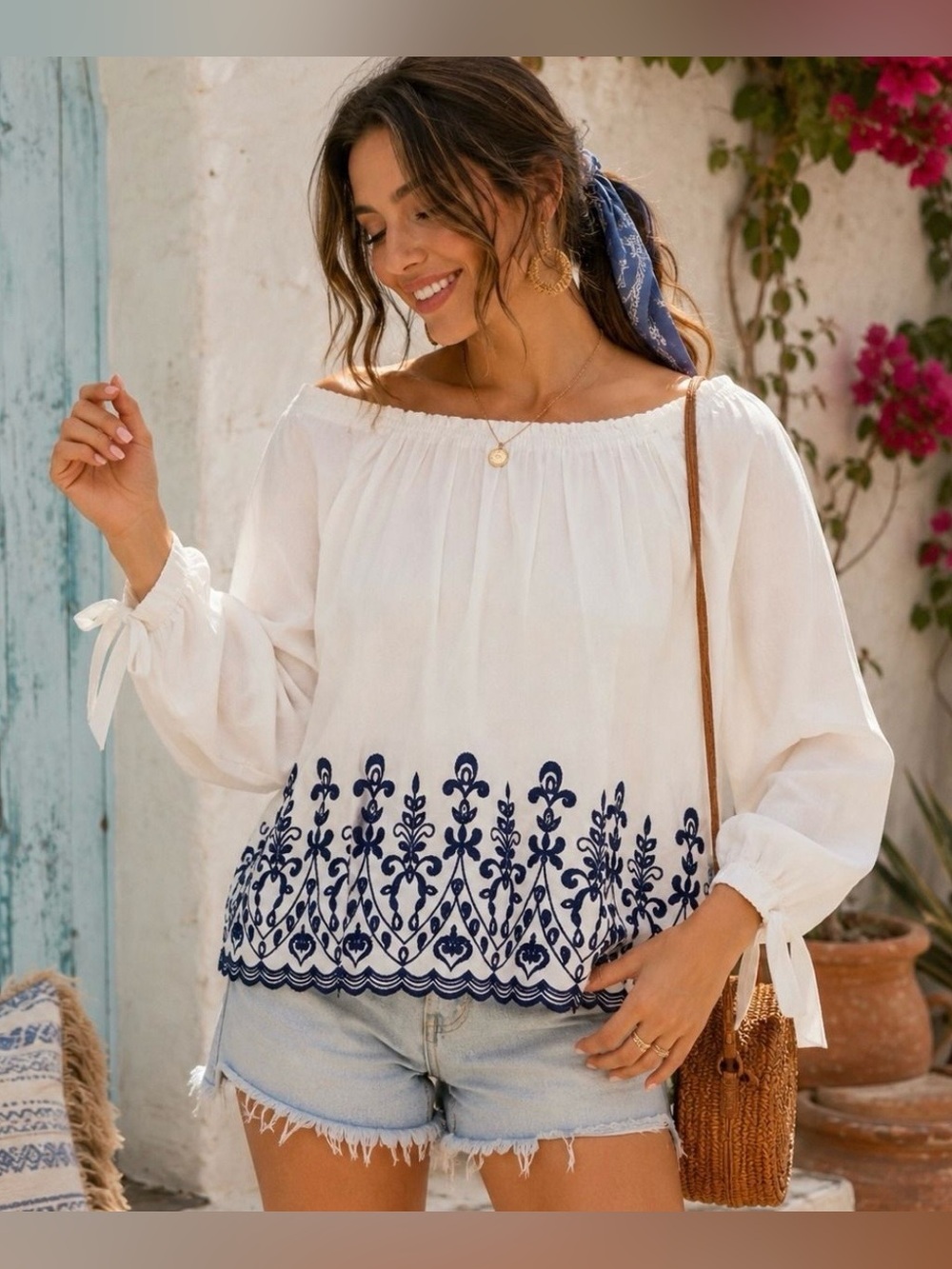 Time and Tru White Off-Shoulder Blouse with Navy Embroidery